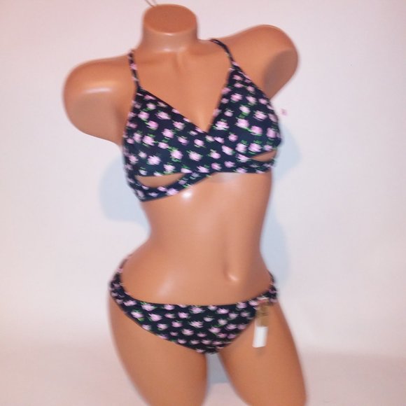 Victoria Secret PINK Swim Bikini Top & Bottom Black Pink Floral Wrap Halter Remo - Picture 2 of 12